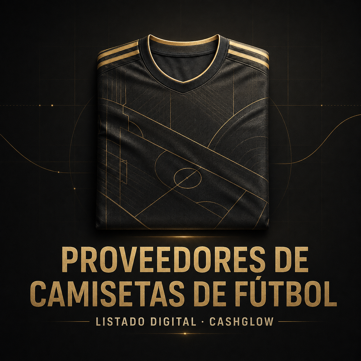 Portada negra y dorada del listado digital de proveedores de camisetas de fútbol CashGlow