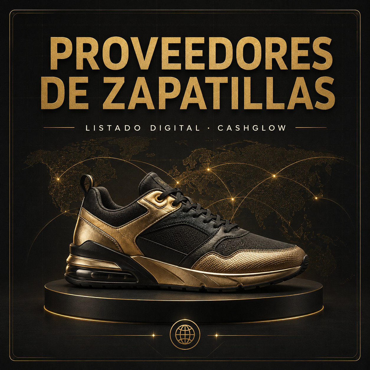 Portada negra y dorada del listado digital de proveedores de zapatillas CashGlow